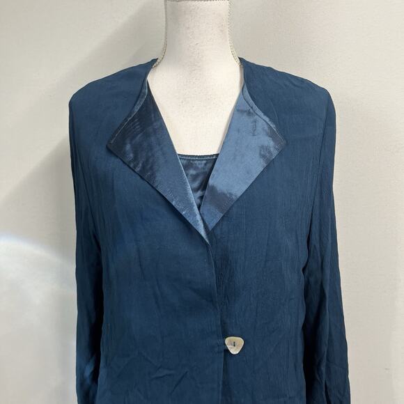 Coldwater Creek 2pc Jacket Tank Set sz Medium Teal Satin Lagenlook Artsy Career - Picture 2 of 9